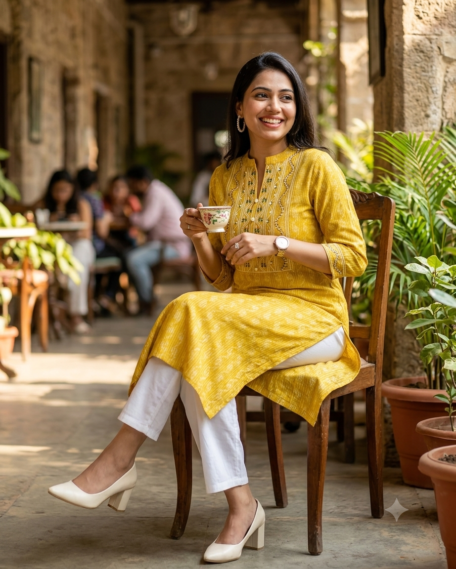 Trendy Fashionable Yellow Cotton Embroidered Kurti