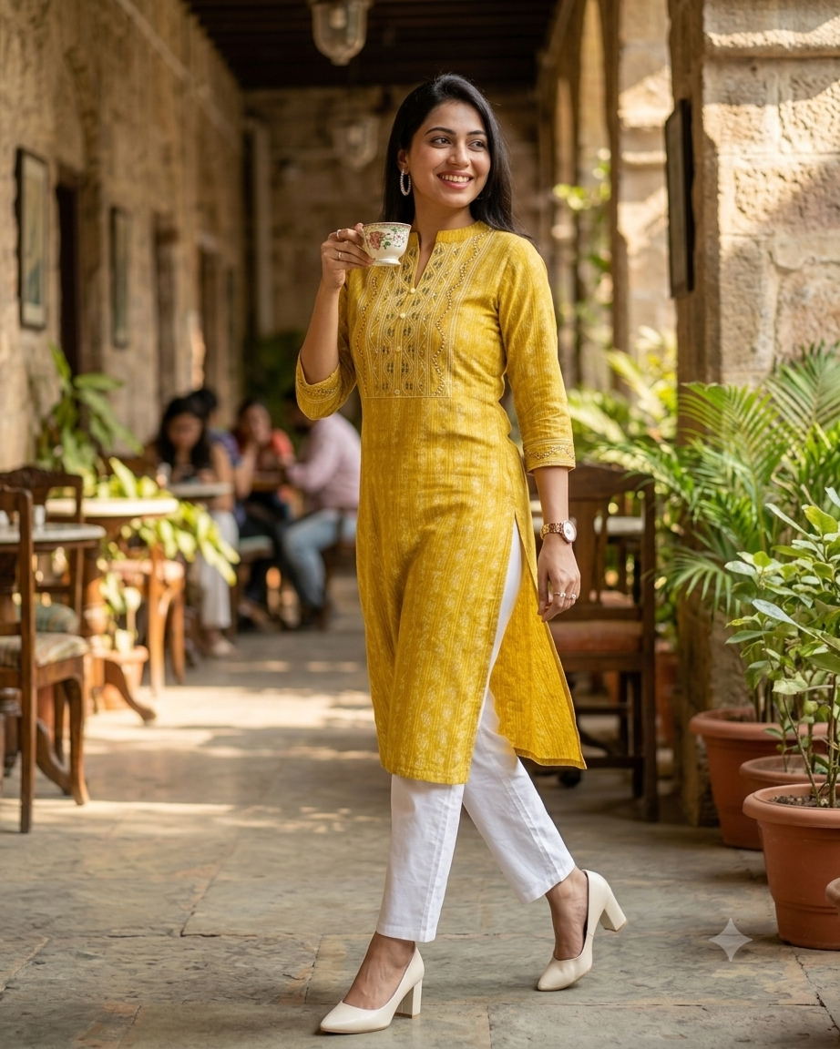 Trendy Fashionable Yellow Cotton Embroidered Kurti